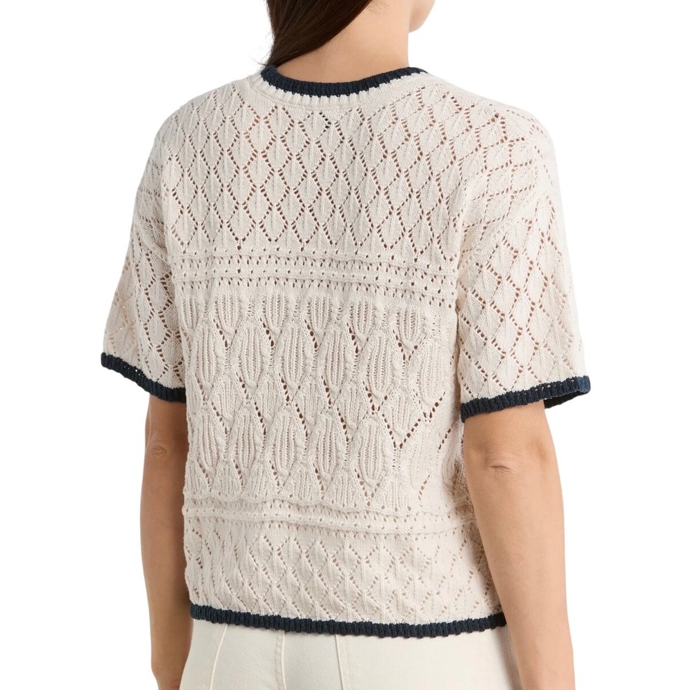 Splendid Honore Tipped Cotton Sweater Women M Cream Navy Pointelle Knit New - Picture 2 of 8